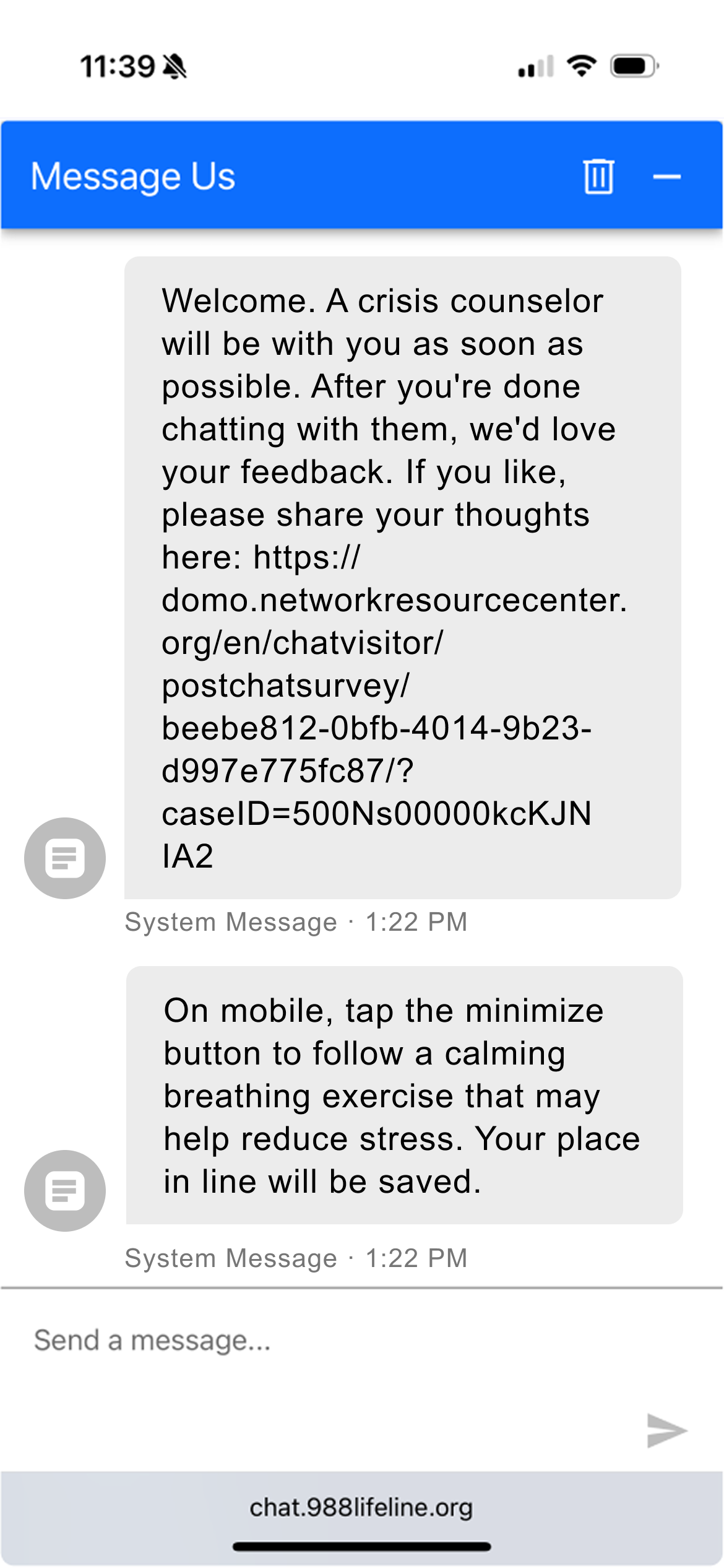 Mobile: system message in chat prompting user to tap minimize to access breathing exercise