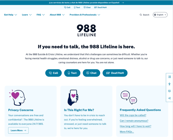 Redesigned 988 Lifeline homepage