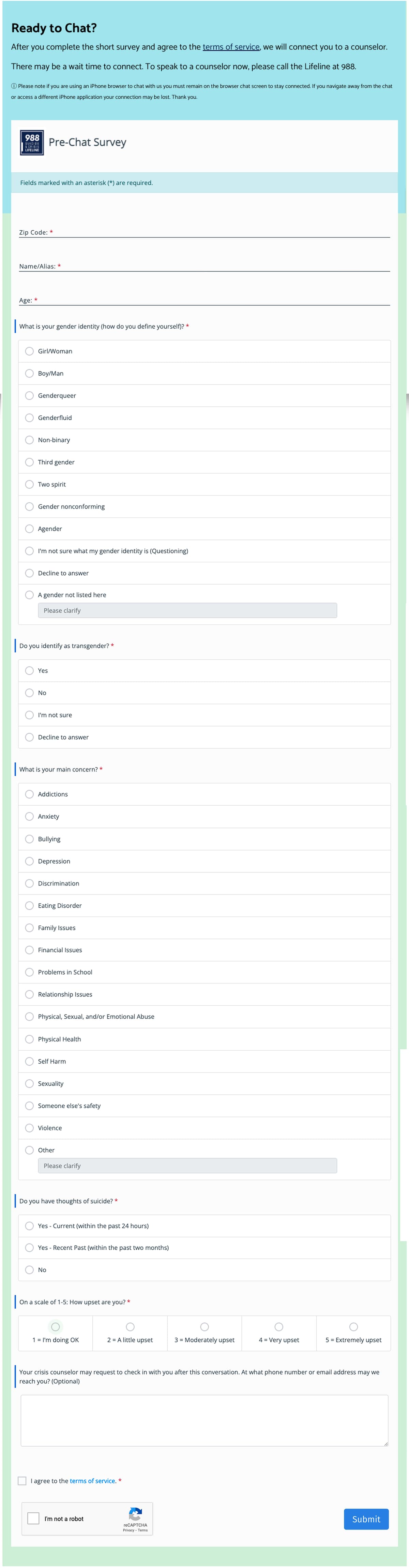 Previous pre-chat survey — long form with reCaptcha and full demographic questions