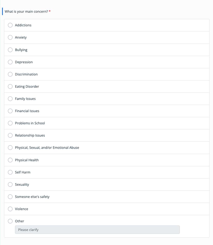 Before — single row of radio dial multi-select options for main concerns