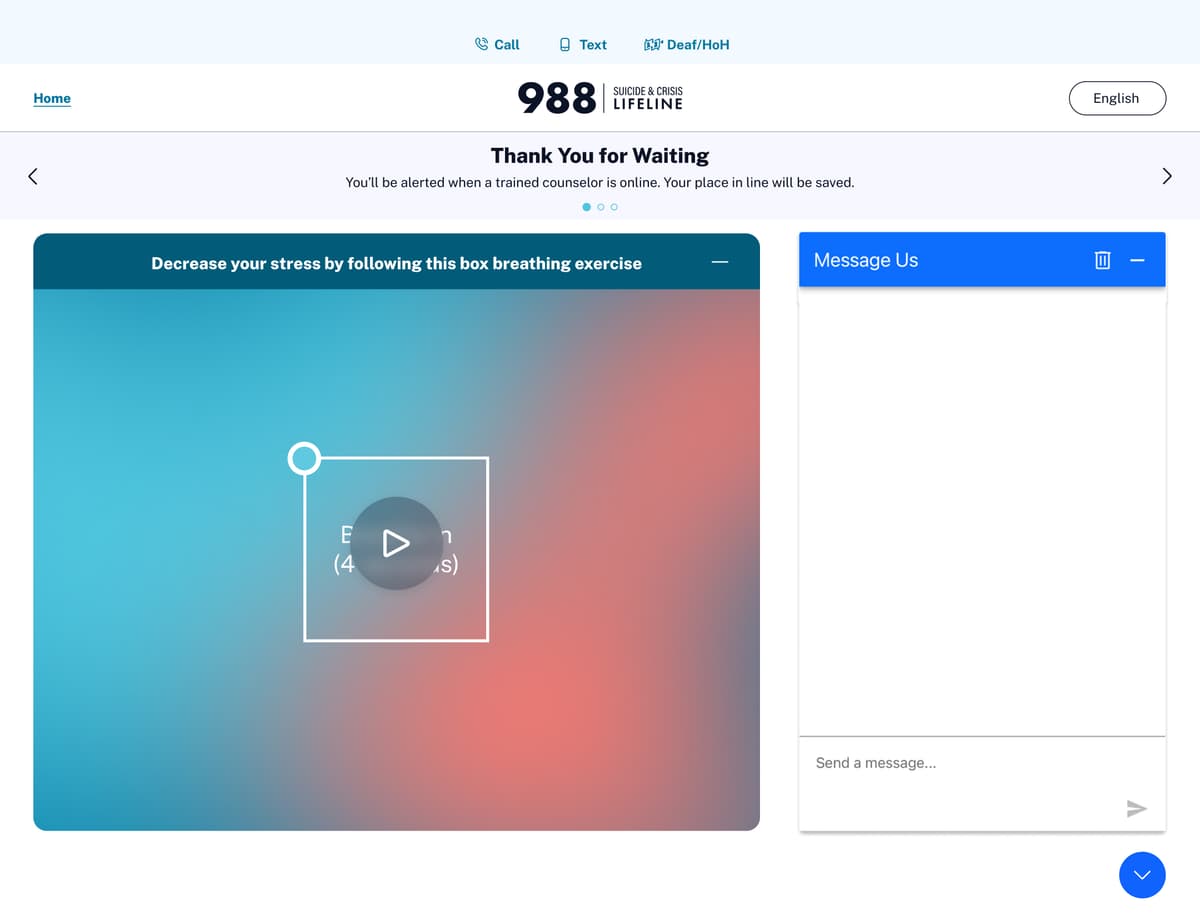Redesigned waiting experience: breathing exercise panel alongside the chat widget with queue reassurance banner
