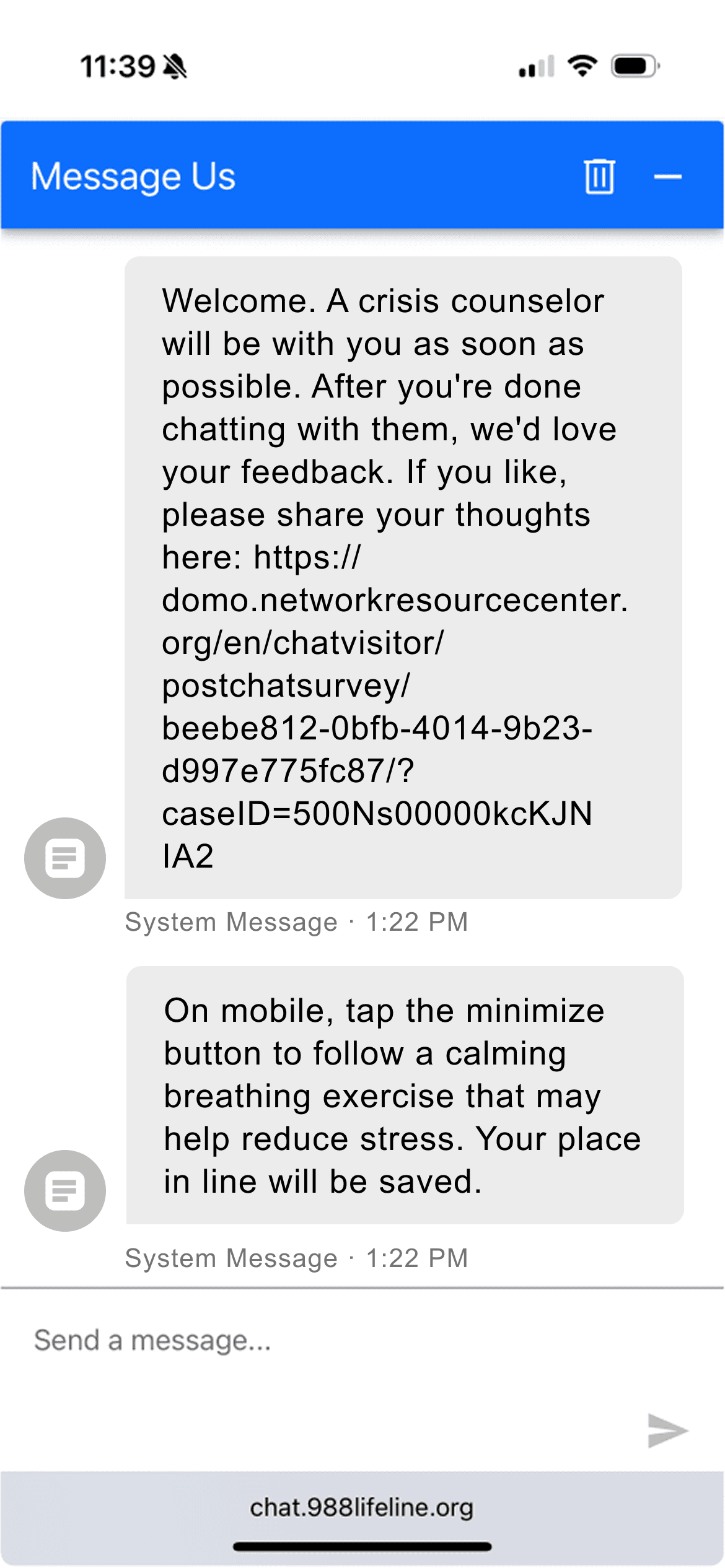 Mobile: system message in chat prompting user to tap minimize to access breathing exercise